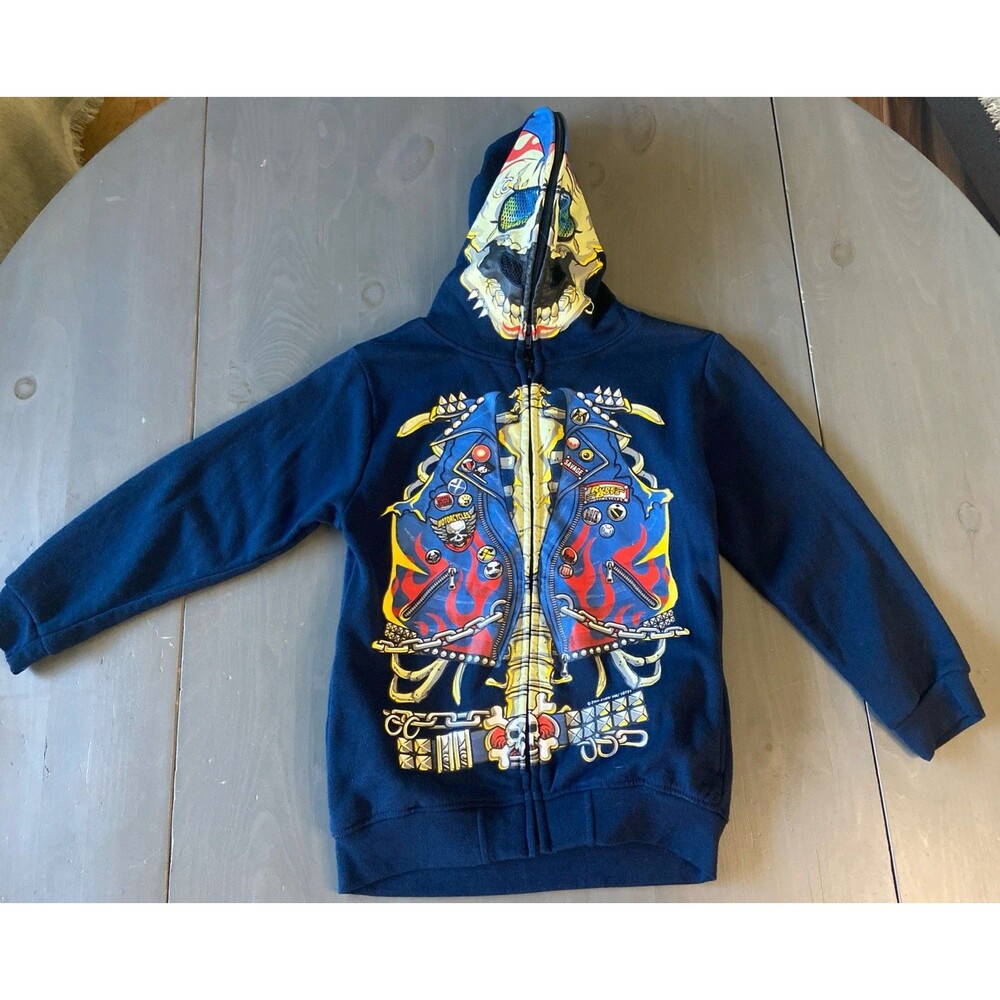 Boys Biker Skull Hoodie Size Small Zip Front Long Sleeve Zip Up Top Halloween